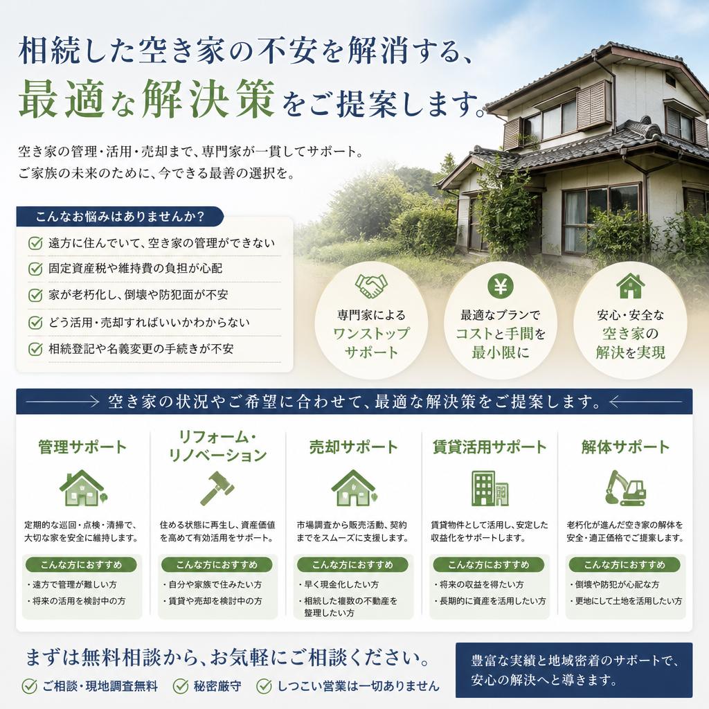 相続した空き家の不安を解消する、最適な解決策をご提案します。
